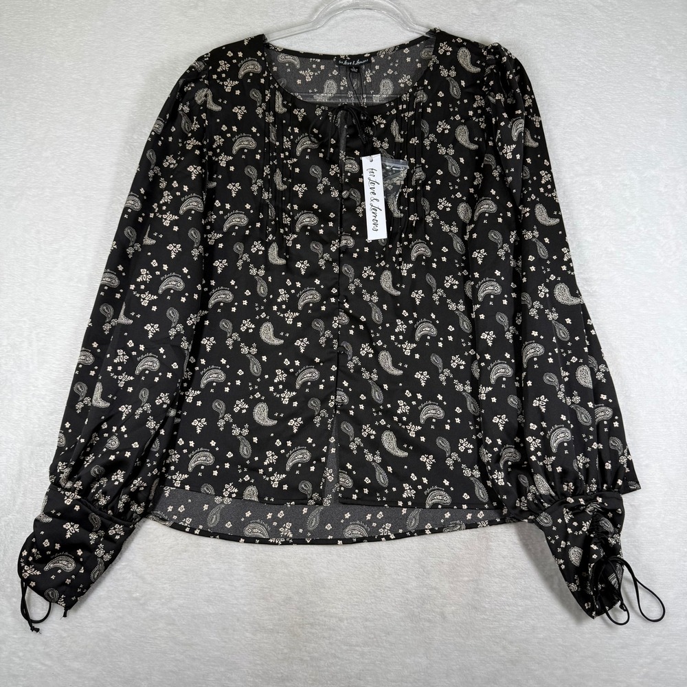 For Love & Lemons Black Paisley Floral Tie Front Puff Sleeve Blouse Large NEW